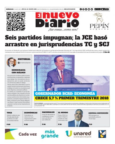 Portada Periódico El Nuevo Diario, Miércoles 15 Mayo 2019