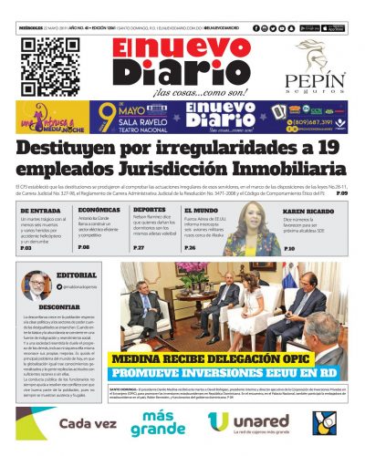 Portada Periódico El Nuevo Diario, Miércoles 22 Mayo 2019