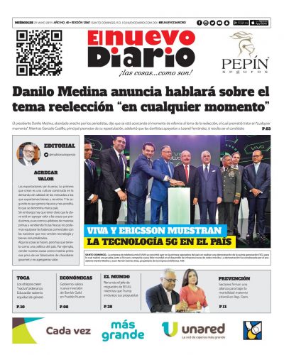 Portada Periódico El Nuevo Diario, Miércoles 29 Mayo 2019
