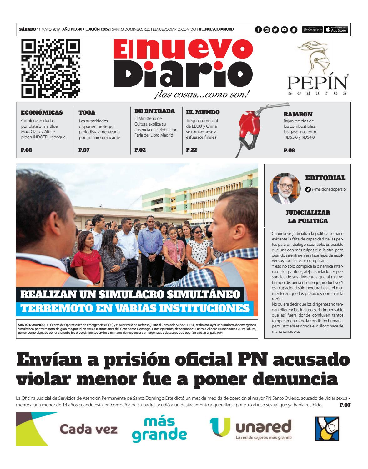 Portada Periódico El Nuevo Diario, Sábado 11 Mayo 2019