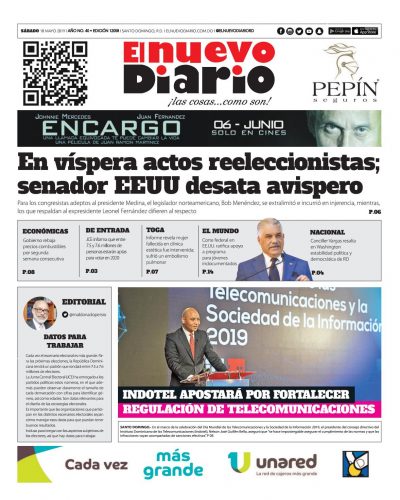 Portada Periódico El Nuevo Diario, Sábado 18 Mayo 2019
