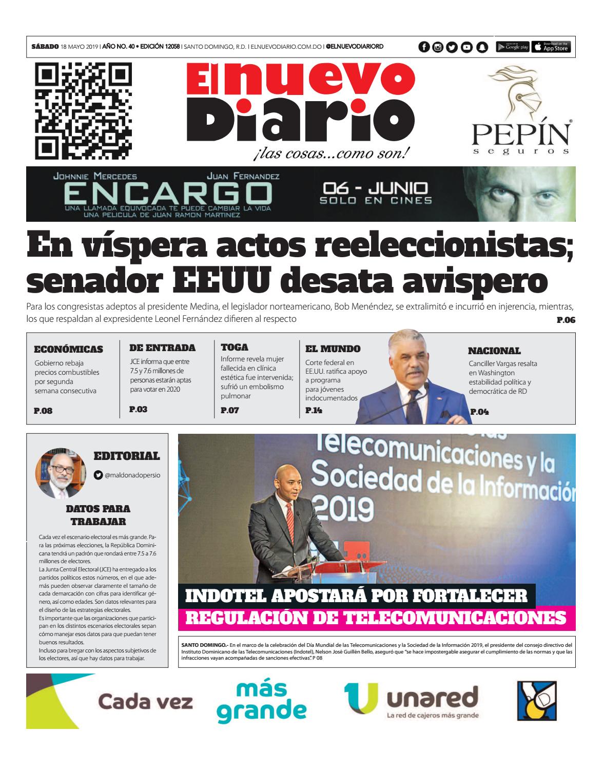 Portada Periódico El Nuevo Diario, Sábado 18 Mayo 2019