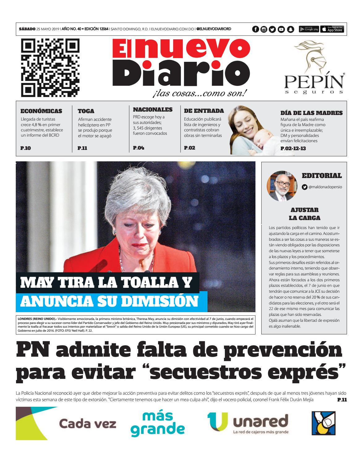 Portada Periódico El Nuevo Diario, Sábado 25 Mayo 2019