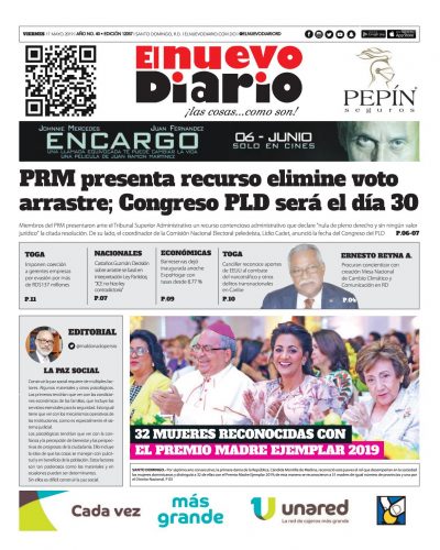Portada Periódico El Nuevo Diario, Viernes 17 Mayo 2019
