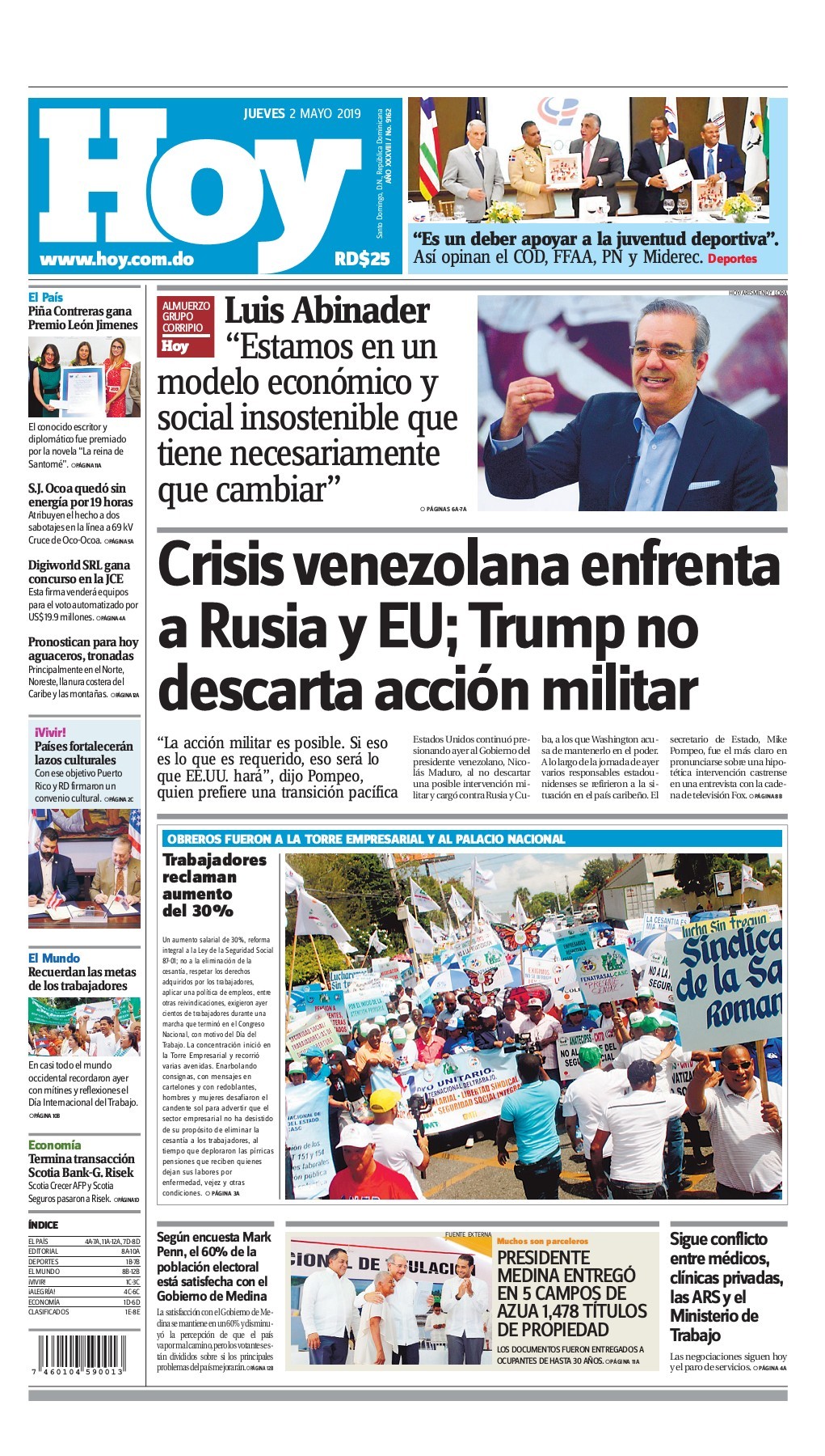 Portada Periódico Hoy, Jueves 02 Mayo 2019