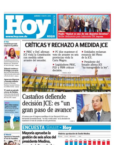 Portada Periódico Hoy, Jueves 09 Mayo 2019