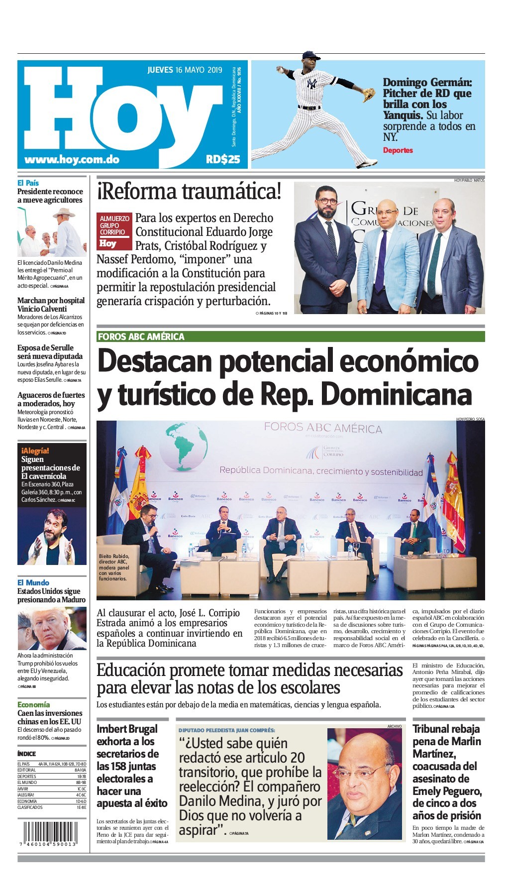Portada Periódico Hoy, Jueves 16 Mayo 2019