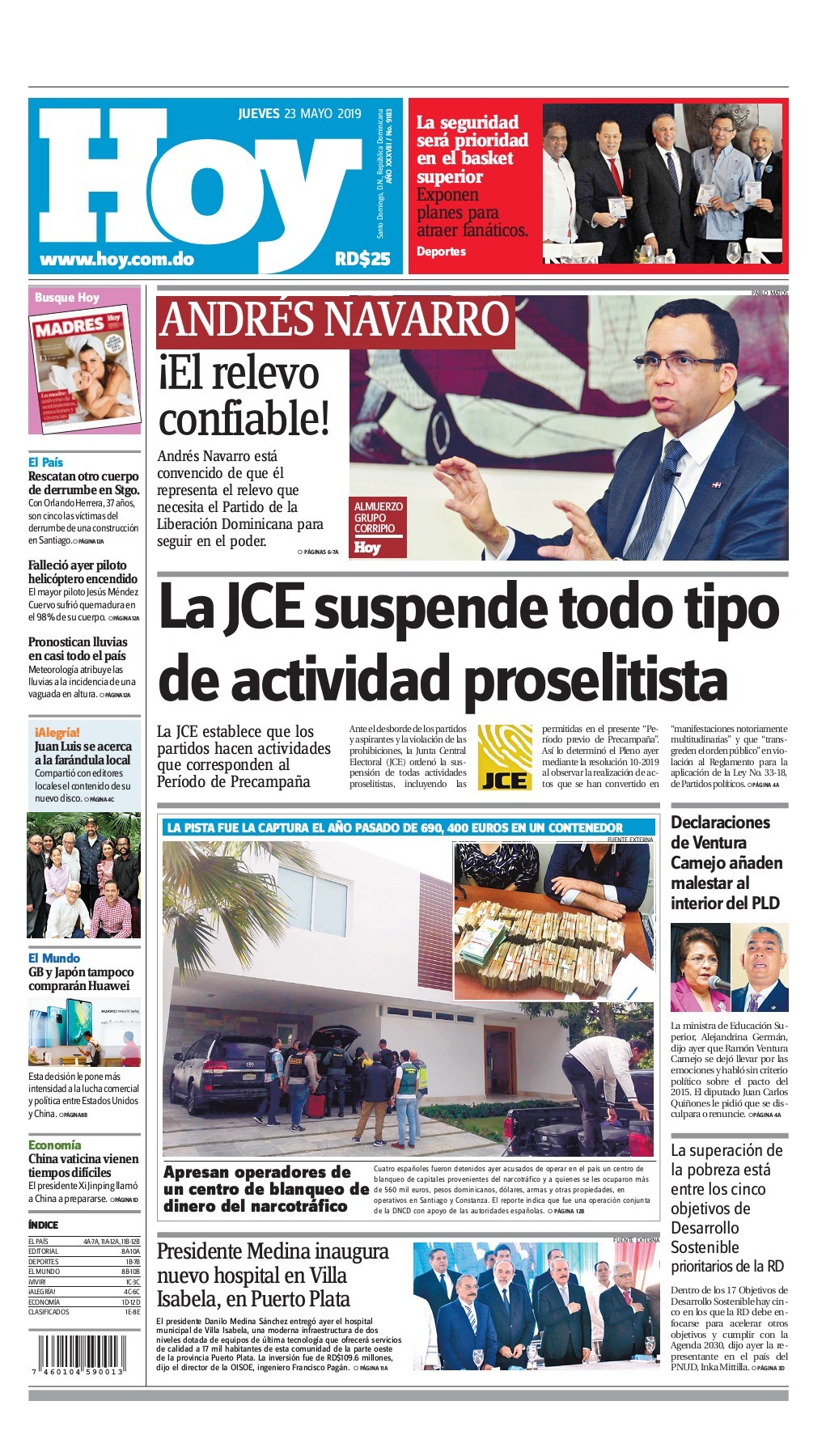 Portada Periódico Hoy, Jueves 23 Mayo 2019