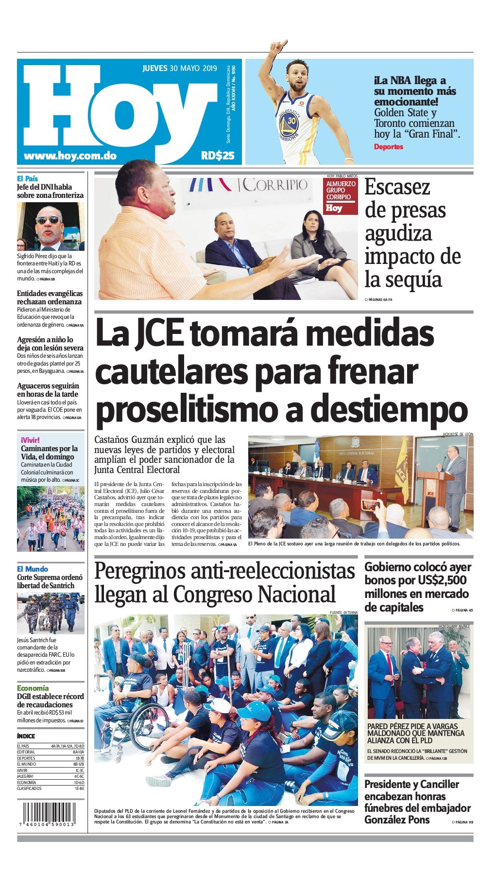 Portada Periódico Hoy, Jueves 30 Mayo 2019