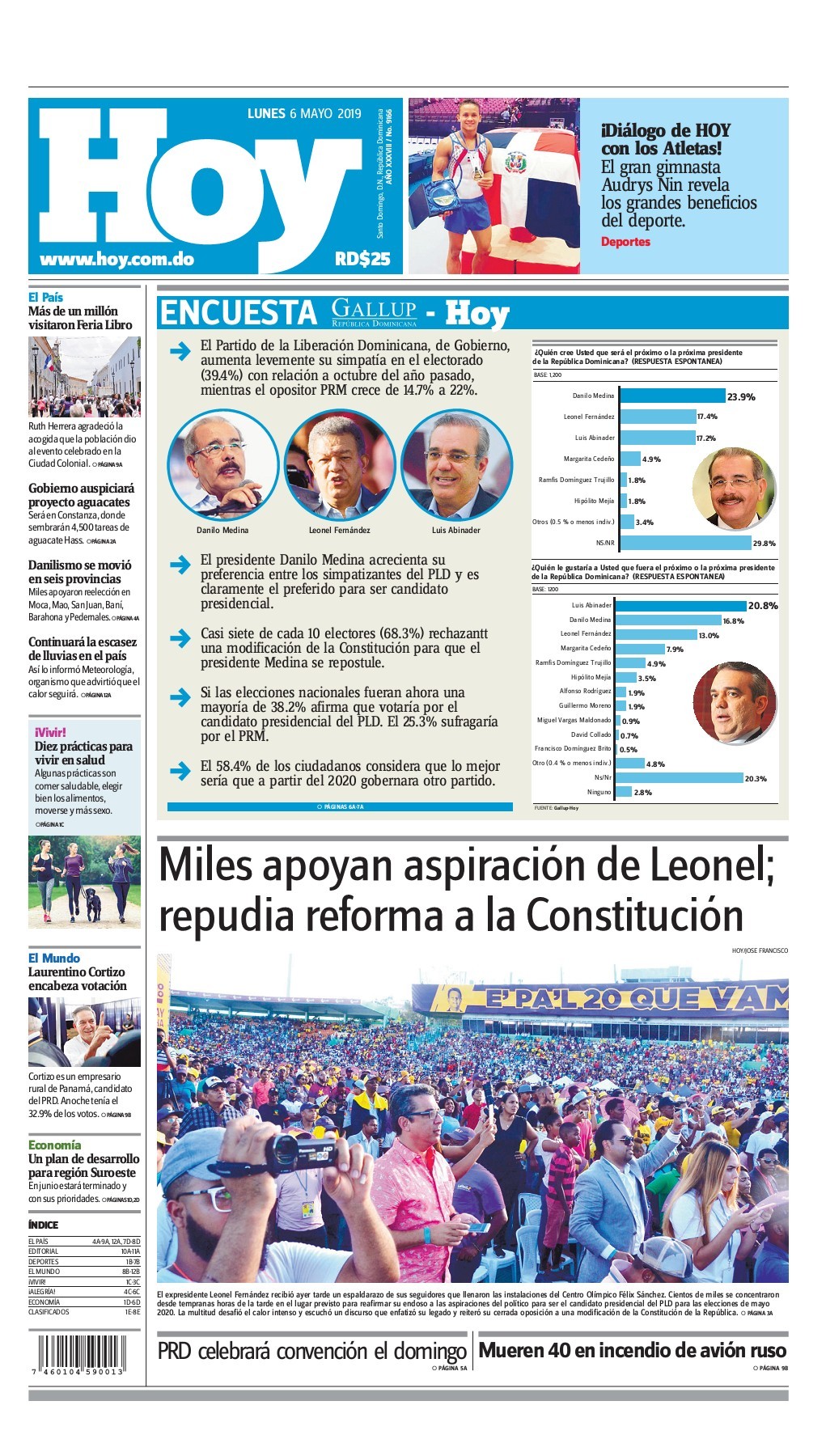 Portada Periódico Hoy, Lunes 06 Mayo 2019