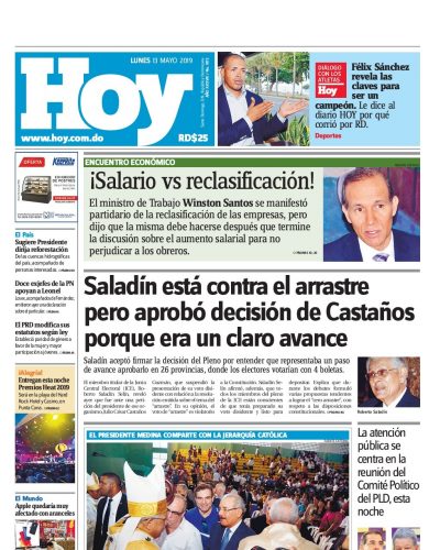 Portada Periódico Hoy, Lunes 13 Mayo 2019