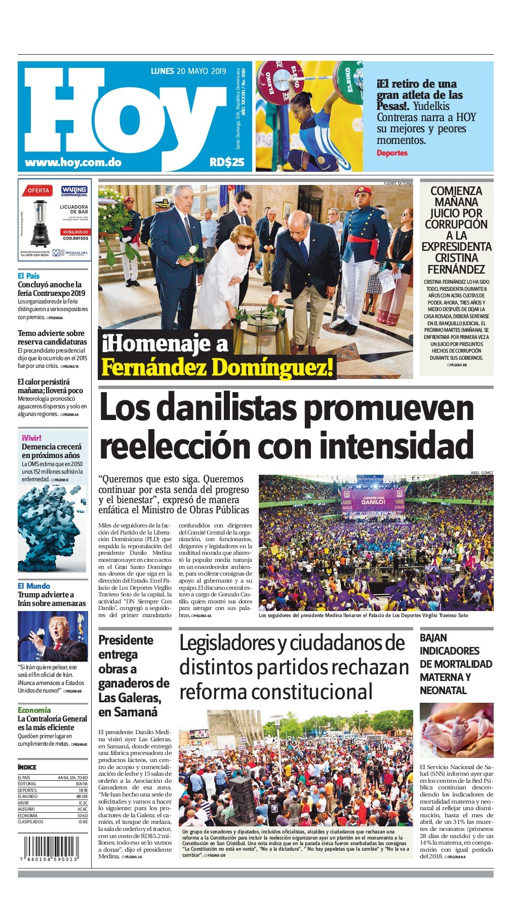 Portada Periódico Hoy, Lunes 20 Mayo 2019