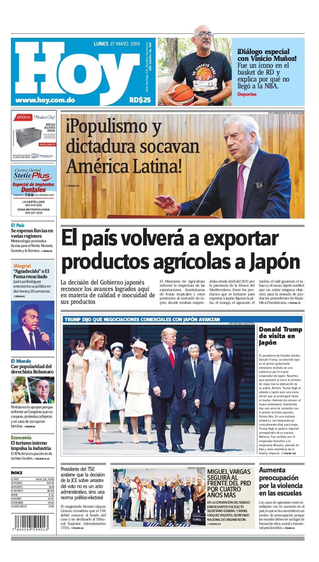 Portada Periódico Hoy, Lunes 27 Mayo 2019