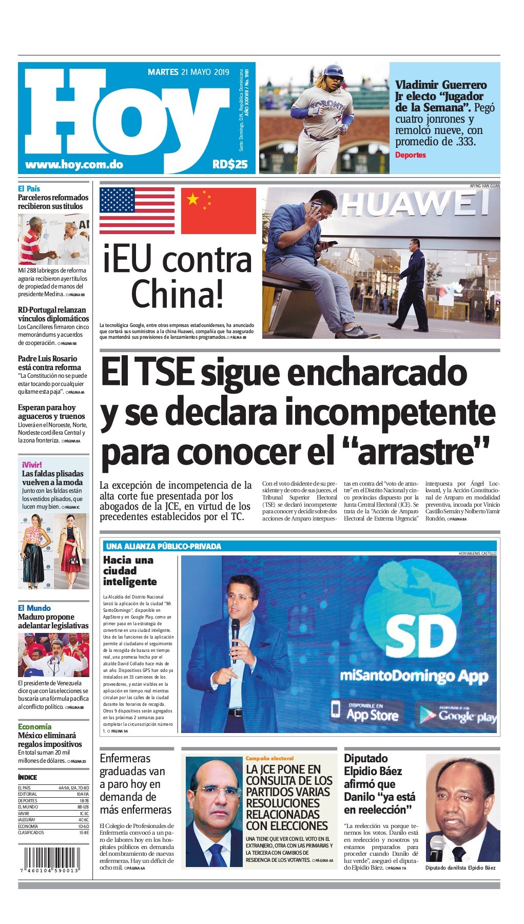 Portada Periódico Hoy, Martes 21 Mayo 2019