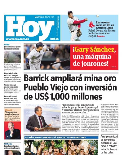 Portada Periódico Hoy, Martes 28 Mayo 2019