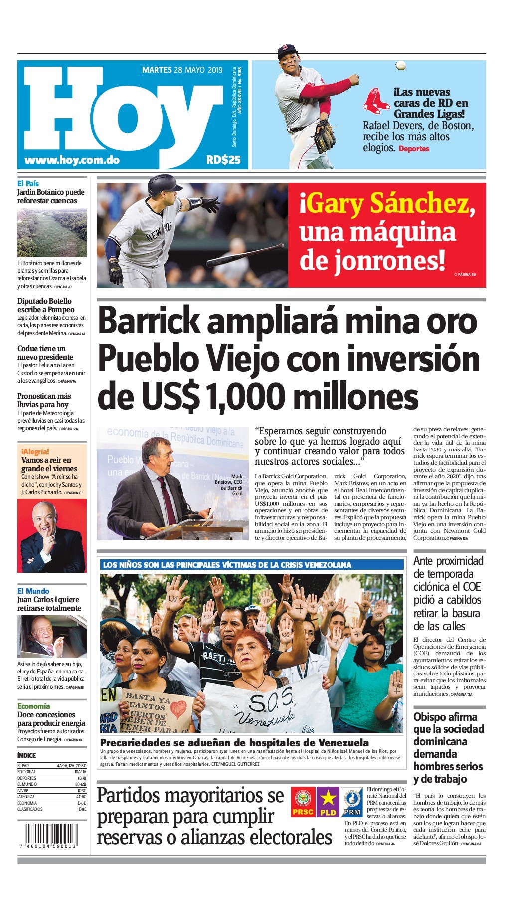 Portada Periódico Hoy, Martes 28 Mayo 2019