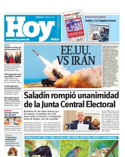 Portada Periódico Hoy, Sábado 11 Mayo 2019