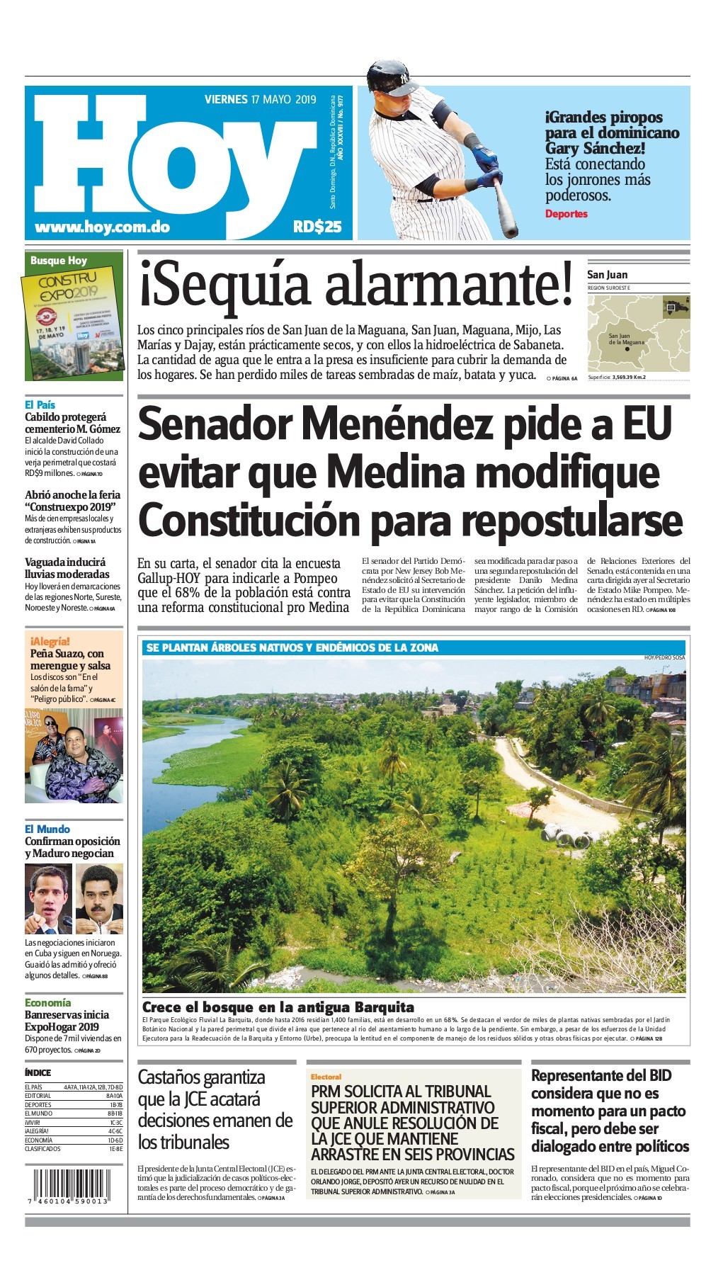 Portada Periódico Hoy, Viernes 17 Mayo 2019