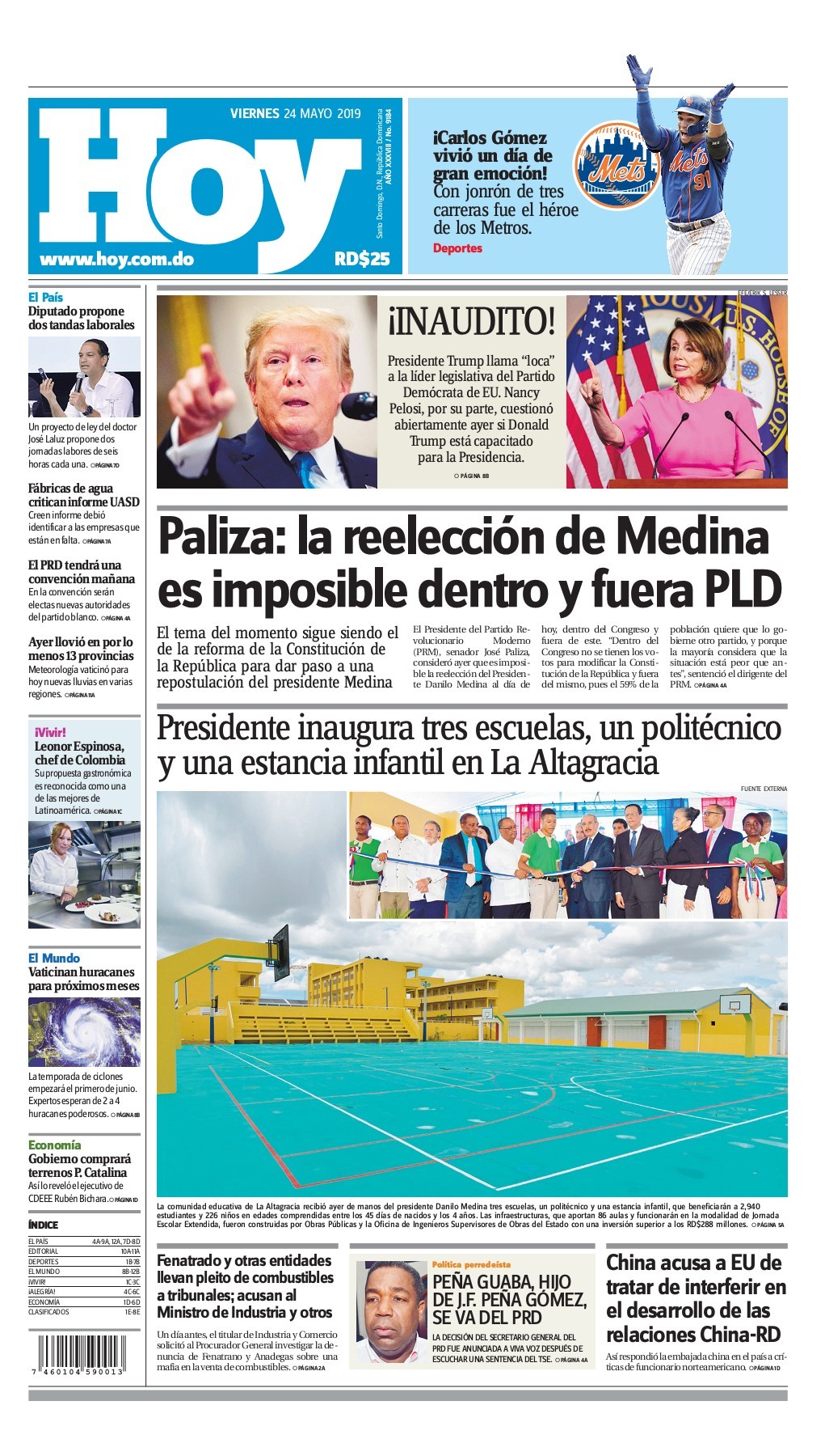 Portada Periódico Hoy, Viernes 24 Mayo 2019