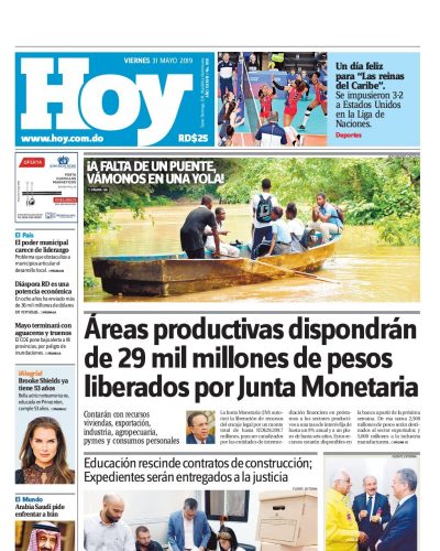Portada Periódico Hoy, Viernes 31 Mayo 2019