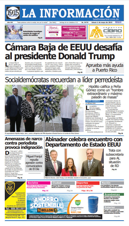 Portada Periódico La Información, Domingo 12 Mayo 2019