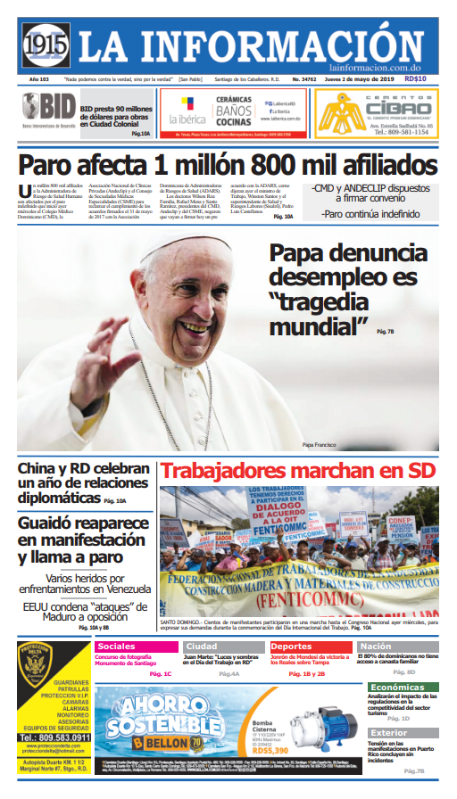 Portada Periódico La Información, Jueves 02 Mayo 2019