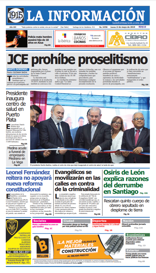 Portada Periódico La Información, Jueves 23 Mayo 2019