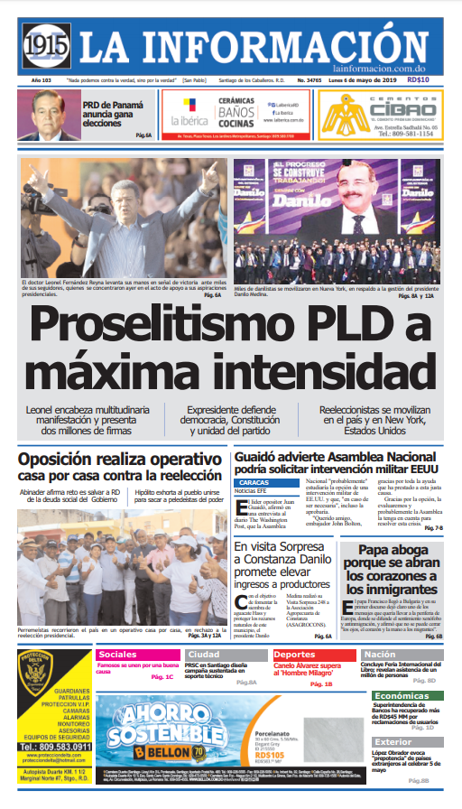 Portada Periódico La Información, Lunes 06 Mayo 2019