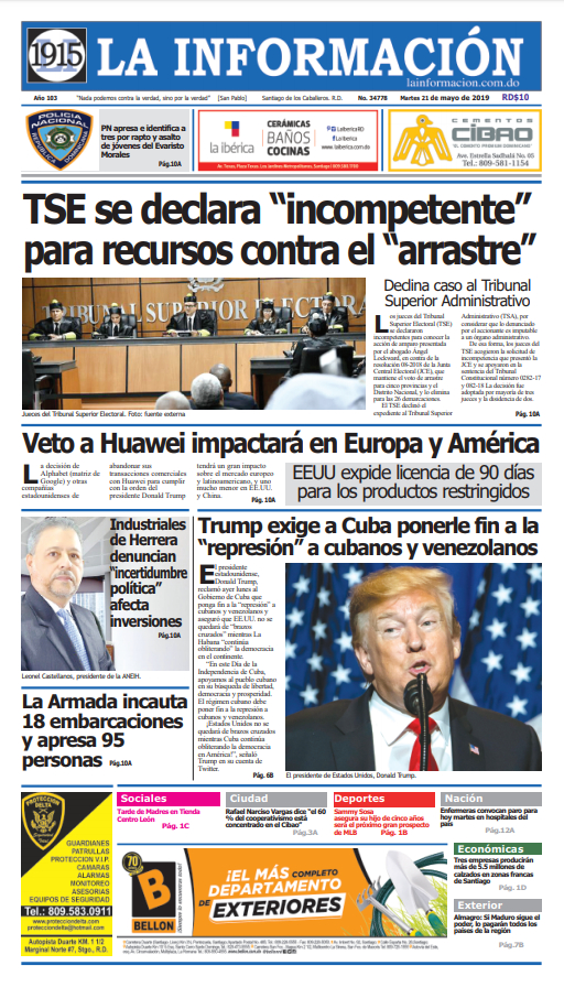 Portada Periódico La Información, Martes 21 Mayo 2019