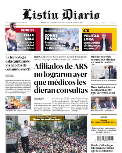 Portada Periódico Listín Diario, Jueves 02 Mayo 2019