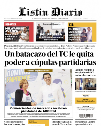 Portada Periódico Listín Diario, Jueves 09 Mayo 2019