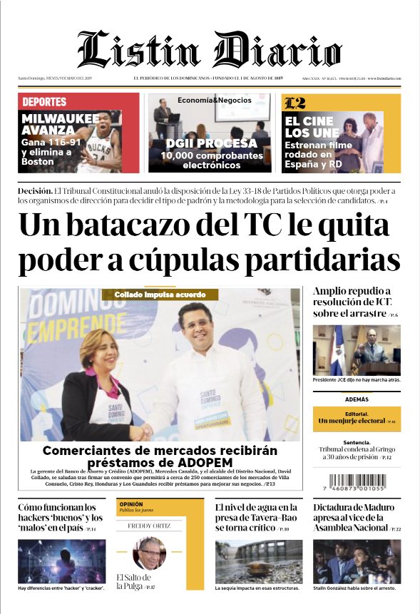 Portada Periódico Listín Diario, Jueves 09 Mayo 2019