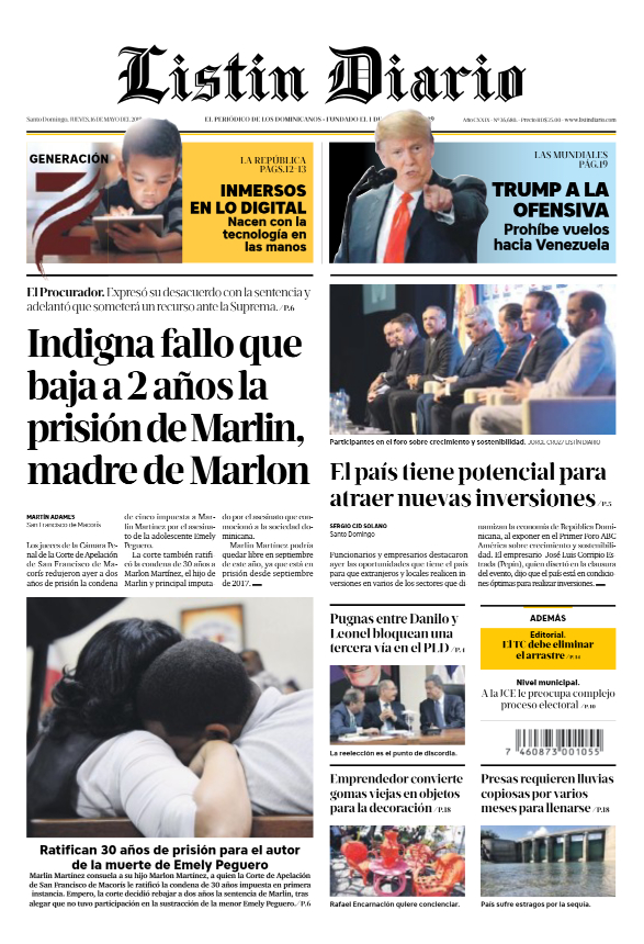 Portada Periódico Listín Diario, Jueves 16 Mayo 2019