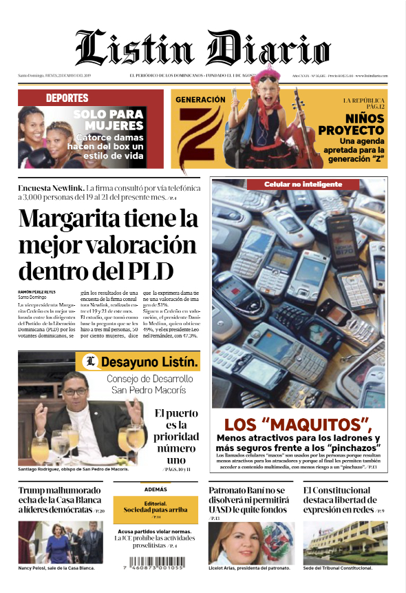 Portada Periódico Listín Diario, Jueves 23 Mayo 2019