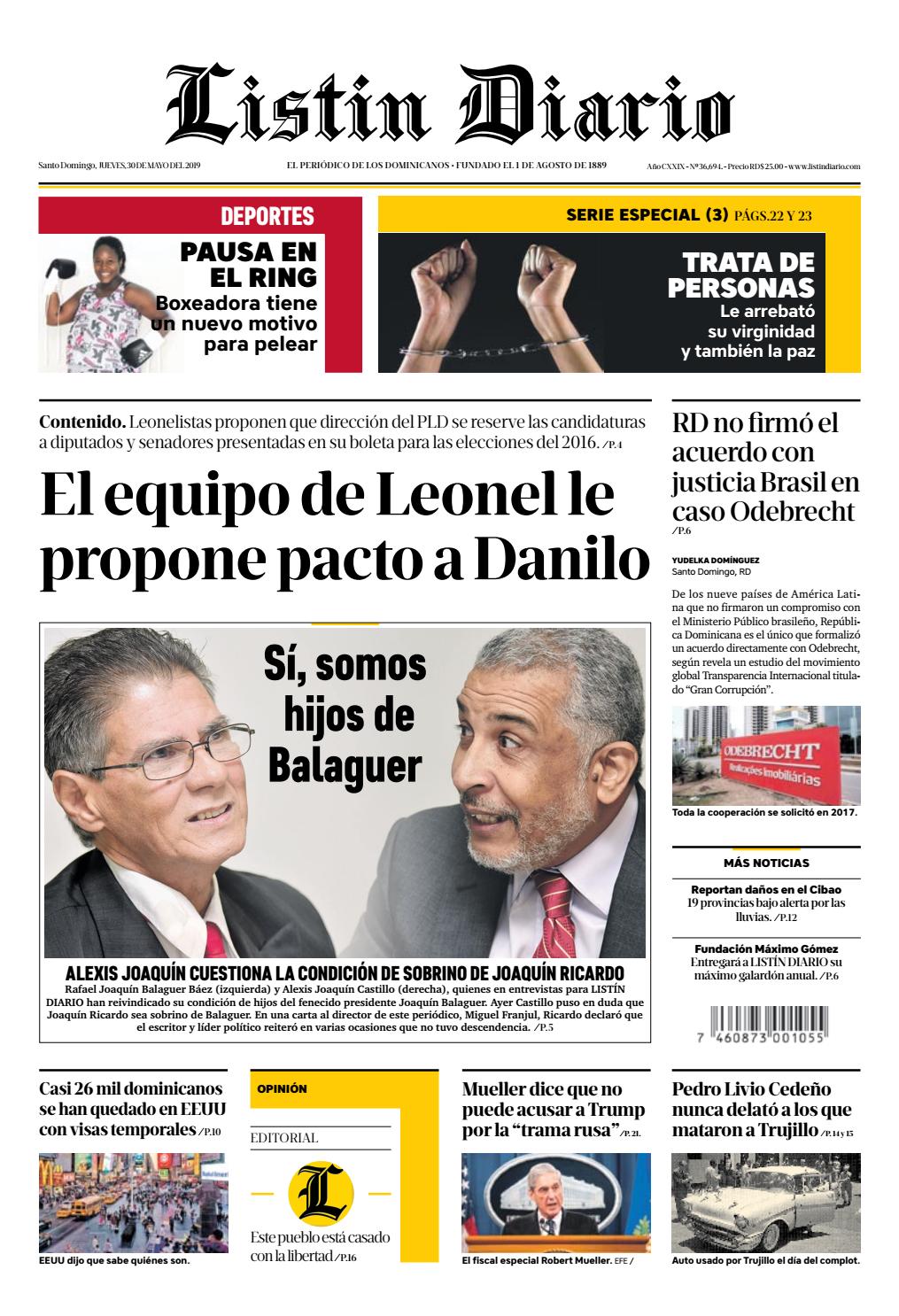 Portada Periódico Listín Diario, Jueves 30 Mayo 2019
