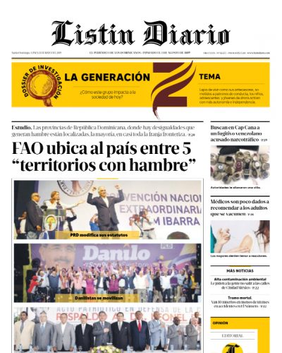 Portada Periódico Listín Diario, Lunes 13 Mayo 2019