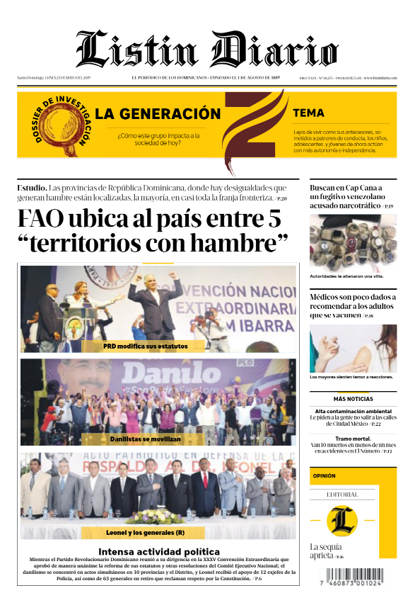 Portada Periódico Listín Diario, Lunes 13 Mayo 2019