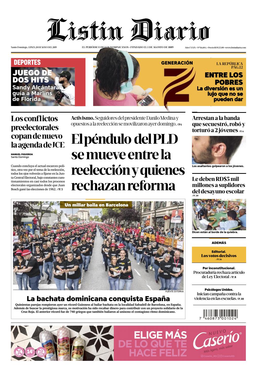 Portada Periódico Listín Diario, Lunes 20 Mayo 2019