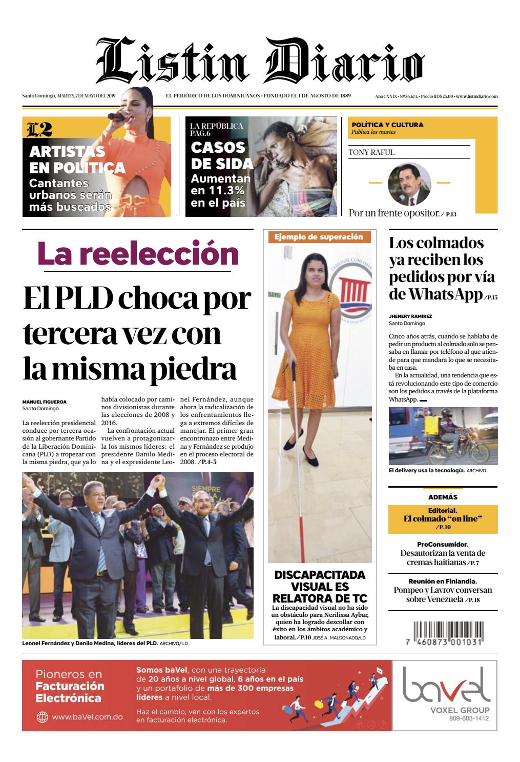Portada Periódico Listín Diario, Martes 07 Mayo 2019