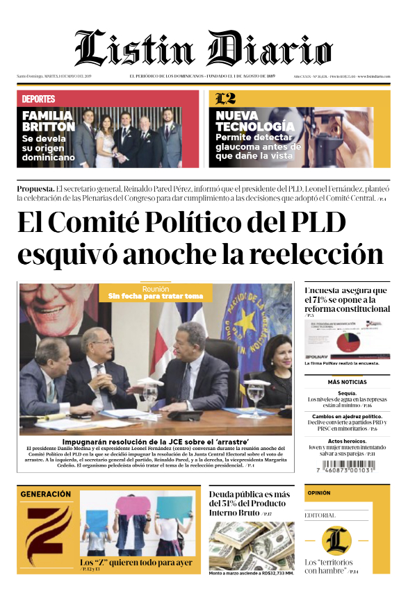Portada Periódico Listín Diario, Martes 14 Mayo 2019