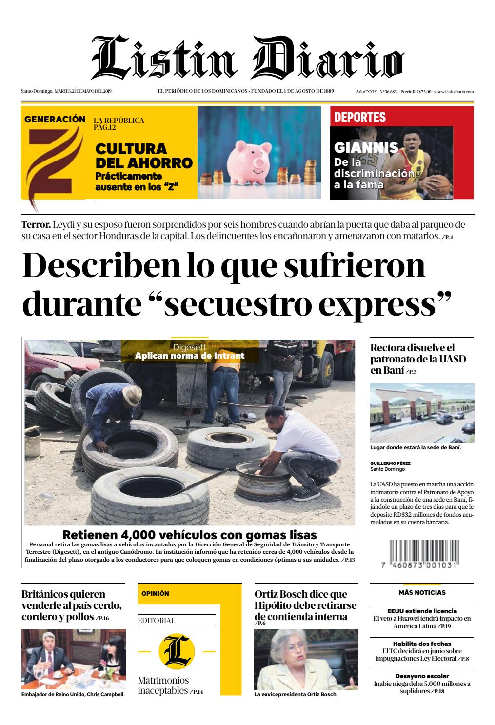 Portada Periódico Listín Diario, Martes 21 Mayo 2019