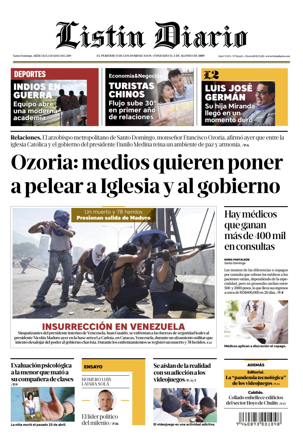 Portada Periódico Listín Diario, Miércoles 01 Mayo 2019