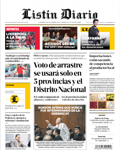 Portada Periódico Listín Diario, Miércoles 08 Mayo 2019