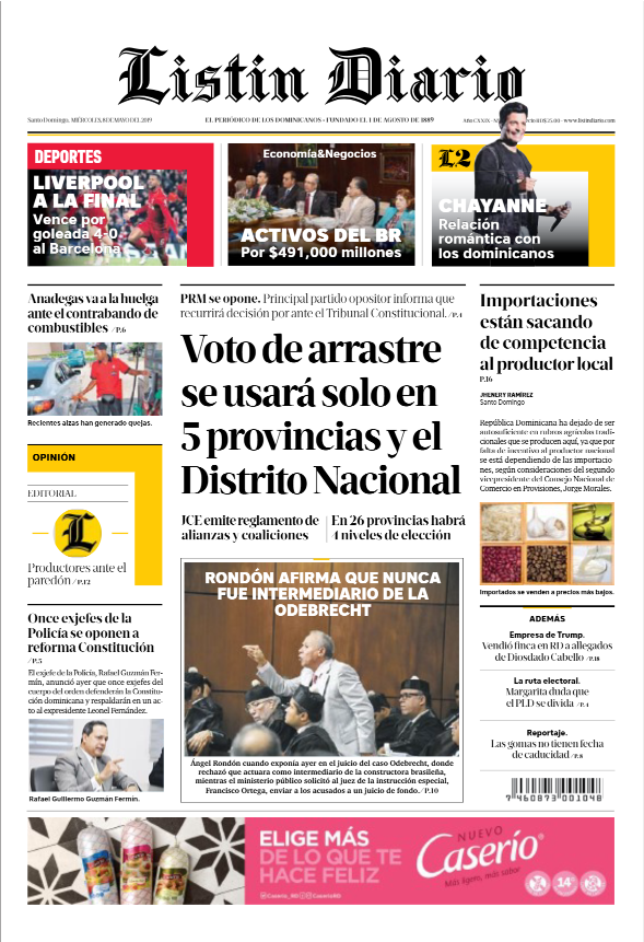 Portada Periódico Listín Diario, Miércoles 08 Mayo 2019