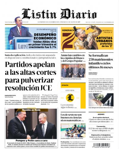 Portada Periódico Listín Diario, Miércoles 15 Mayo 2019