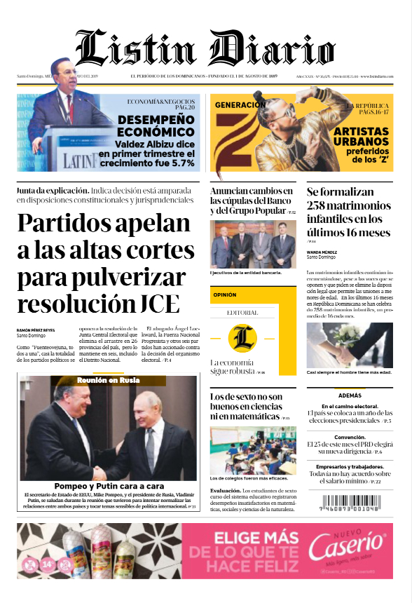Portada Periódico Listín Diario, Miércoles 15 Mayo 2019