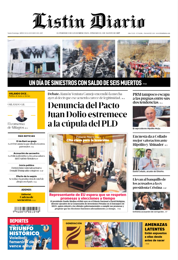 Portada Periódico Listín Diario, Miércoles 22 Mayo 2019