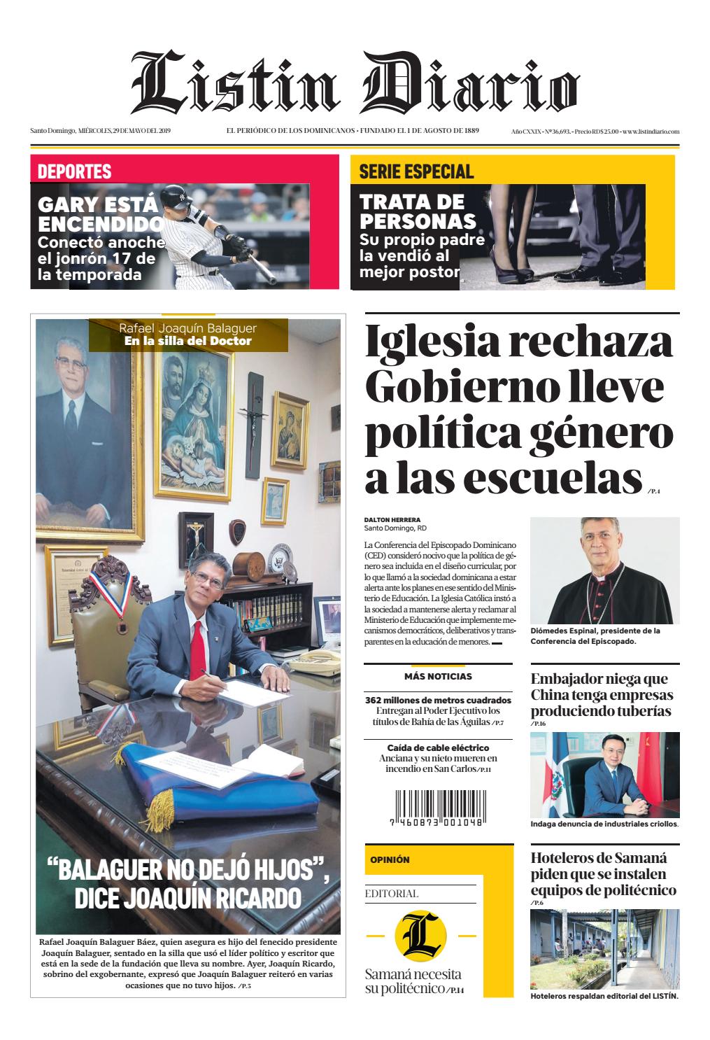 Portada Periódico Listín Diario, Miércoles 29 Mayo 2019