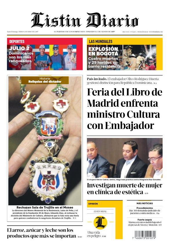 Portada Periódico Listín Diario, Sábado 11 Mayo 2019