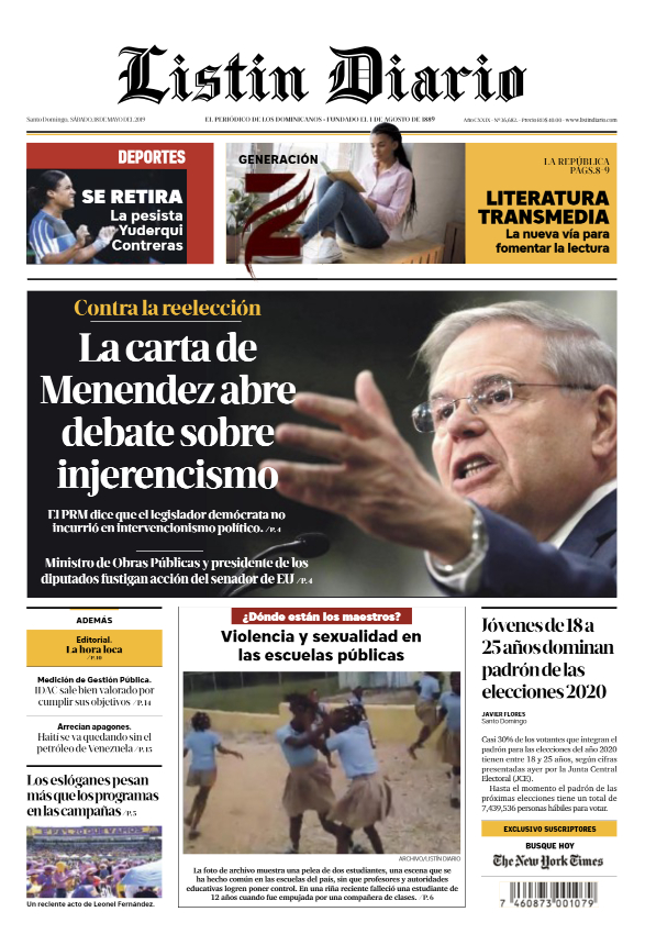 Portada Periódico Listín Diario, Sábado 18 Mayo 2019